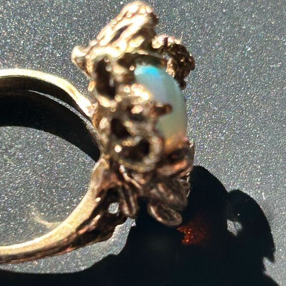 14K Genuine Opal Diamond Cocktail Ring Antiqued Cage Floral Motif Vintage Size 7 - Picture 15 of 17
